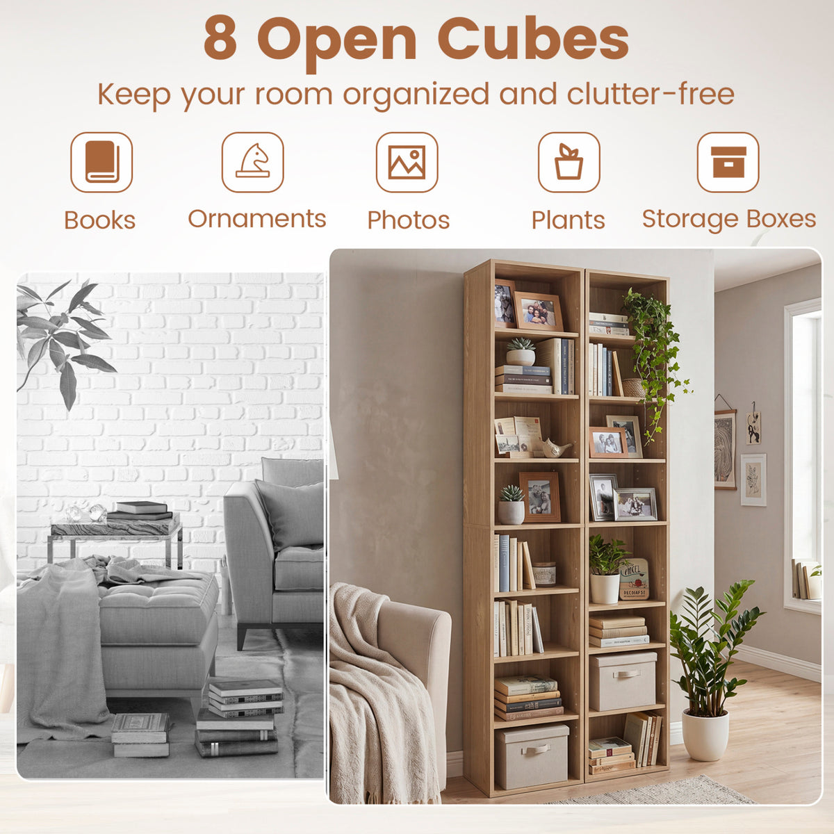 8-Tier Narrow Bookshelf with 4 Adjustable Shelves and Storage Cubes