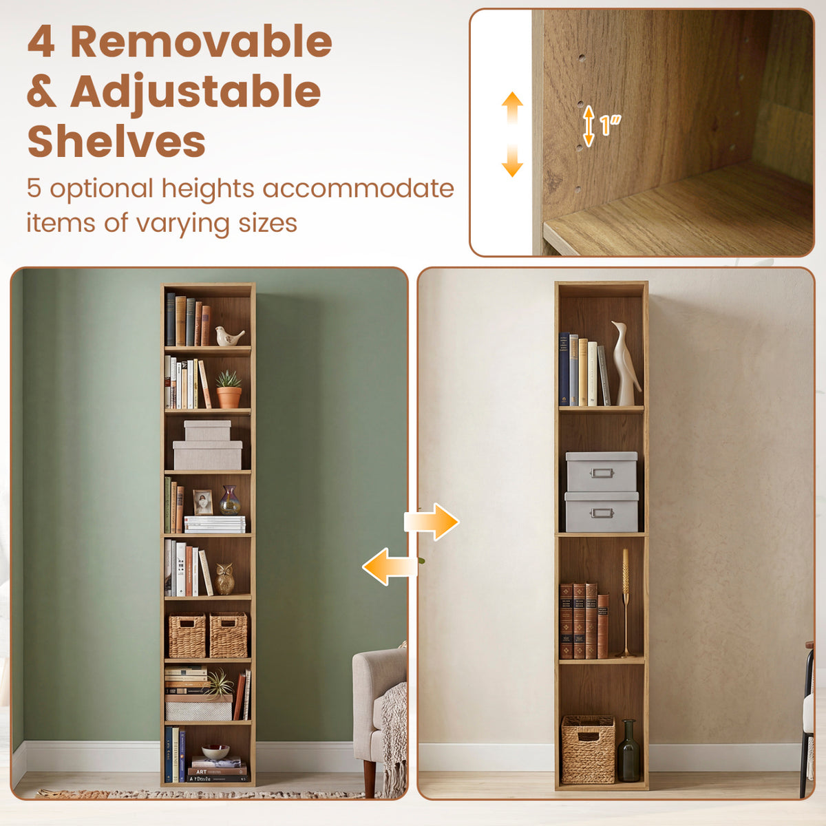 8-Tier Narrow Bookshelf with 4 Adjustable Shelves and Storage Cubes