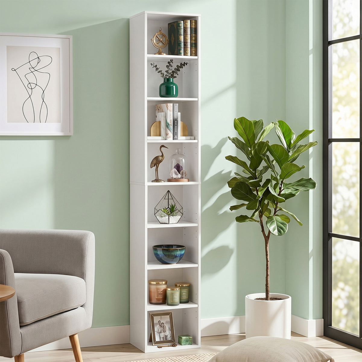 8-Tier Narrow Bookshelf with 4 Adjustable Shelves and Storage Cubes