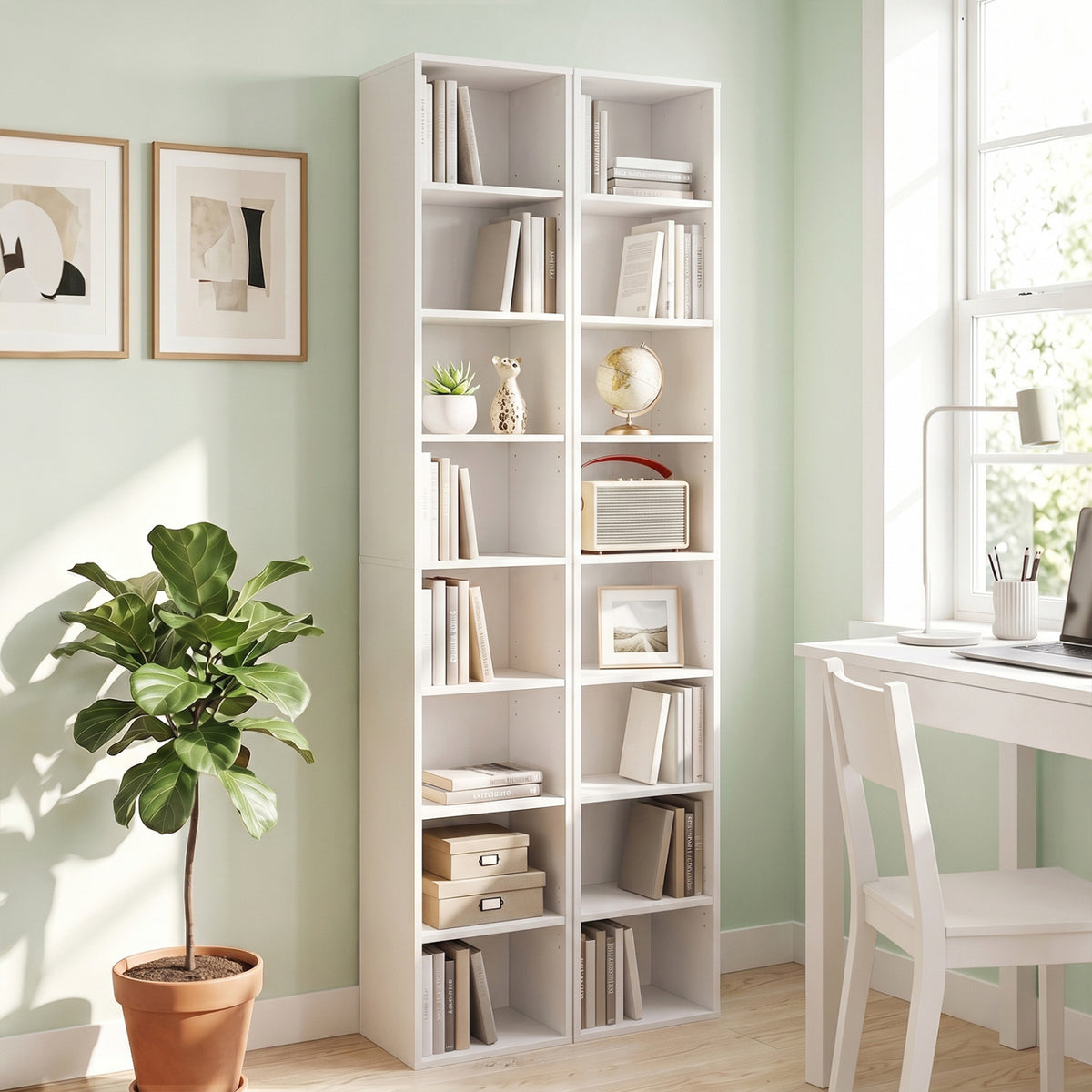 8-Tier Narrow Bookshelf with 4 Adjustable Shelves and Storage Cubes