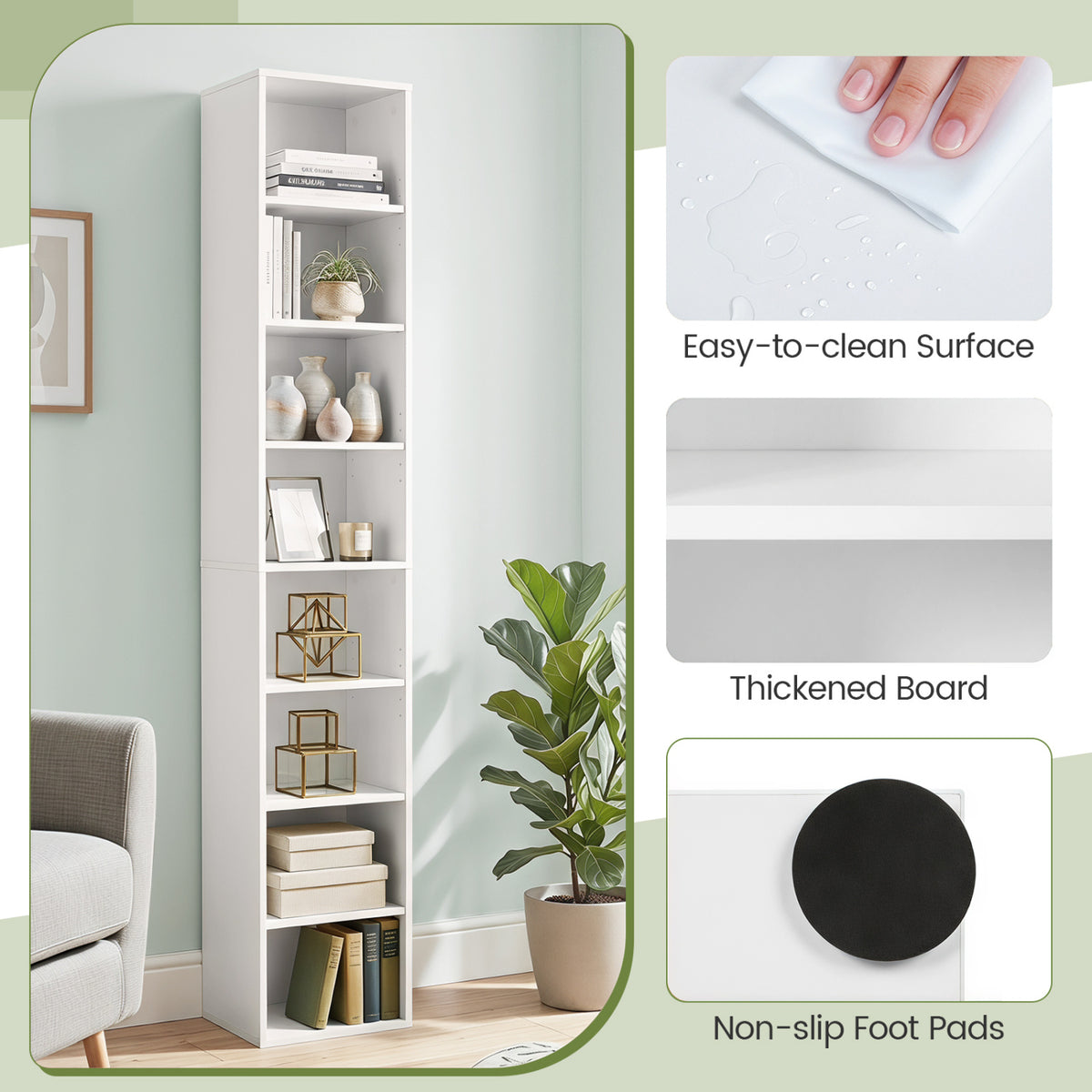 8-Tier Narrow Bookshelf with 4 Adjustable Shelves and Storage Cubes