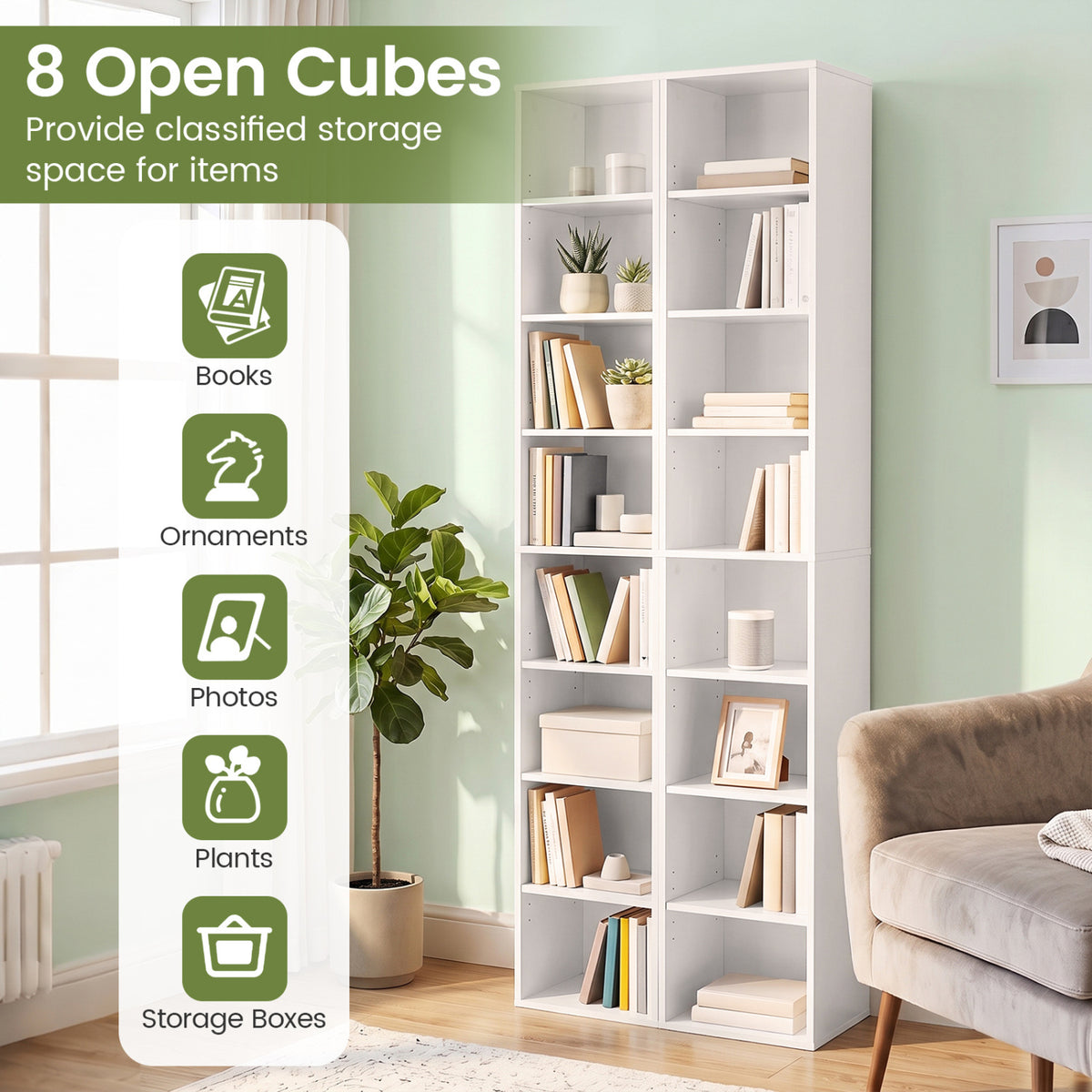 8-Tier Narrow Bookshelf with 4 Adjustable Shelves and Storage Cubes