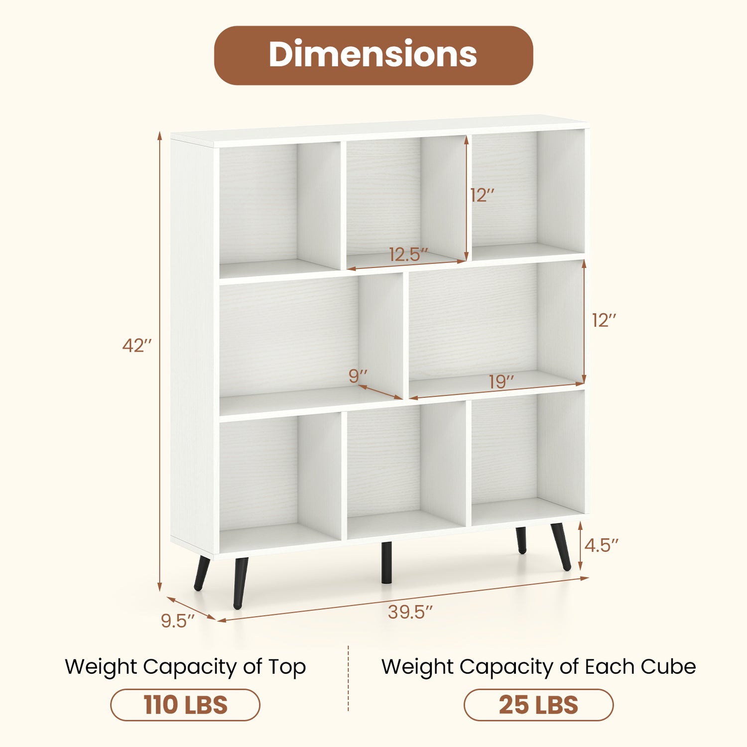 8-Cube Bookcase with 5 Tapered Metal Legs