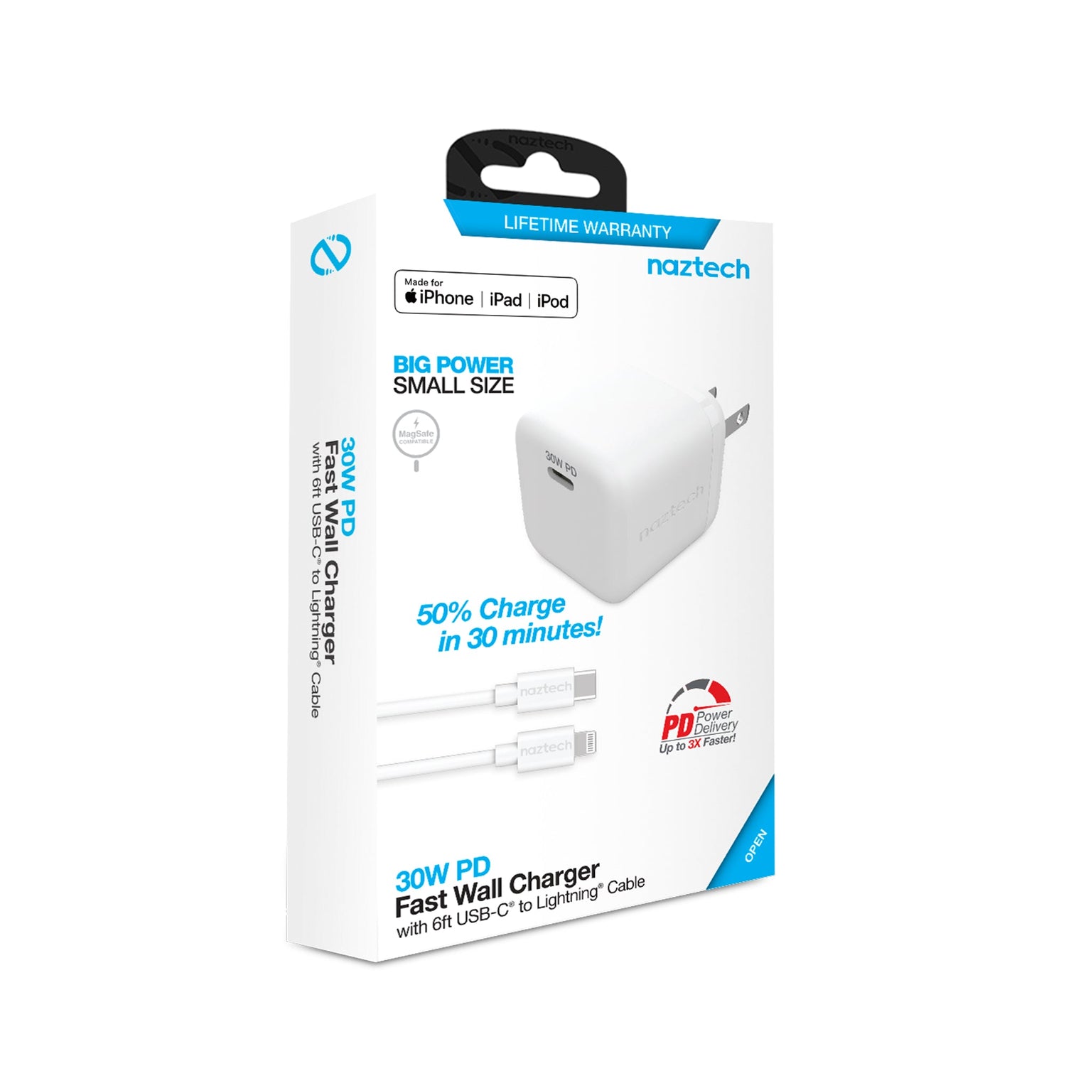 Naztech 30W PD Smart Chip Tech Wall Charger + USB-C to MFI Cable 6ft