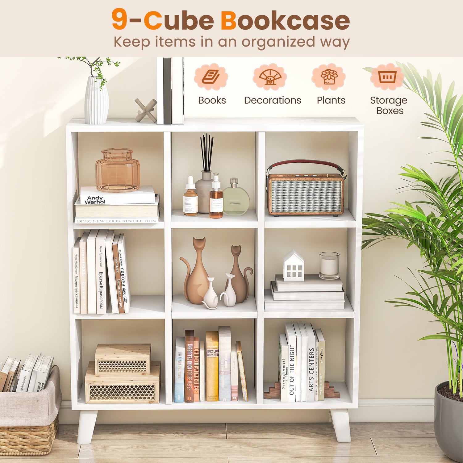 9-Cube Bookcase with 6 Removable Shelves and Raised Support Feet