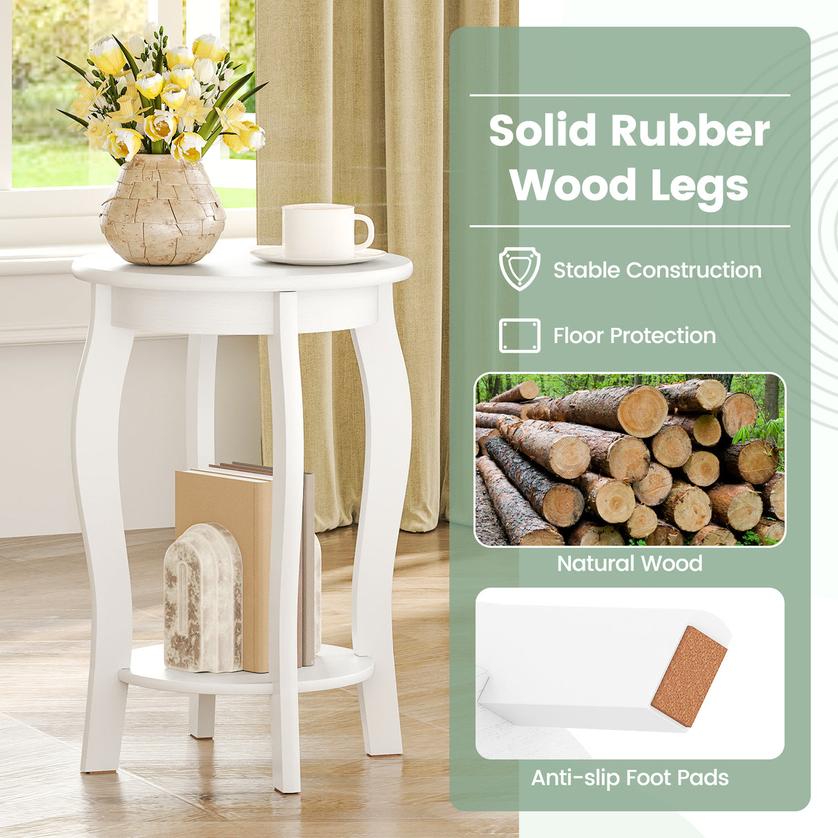 Set of 2 15 Inch 2-Tier Round End Table with Storage Shelf