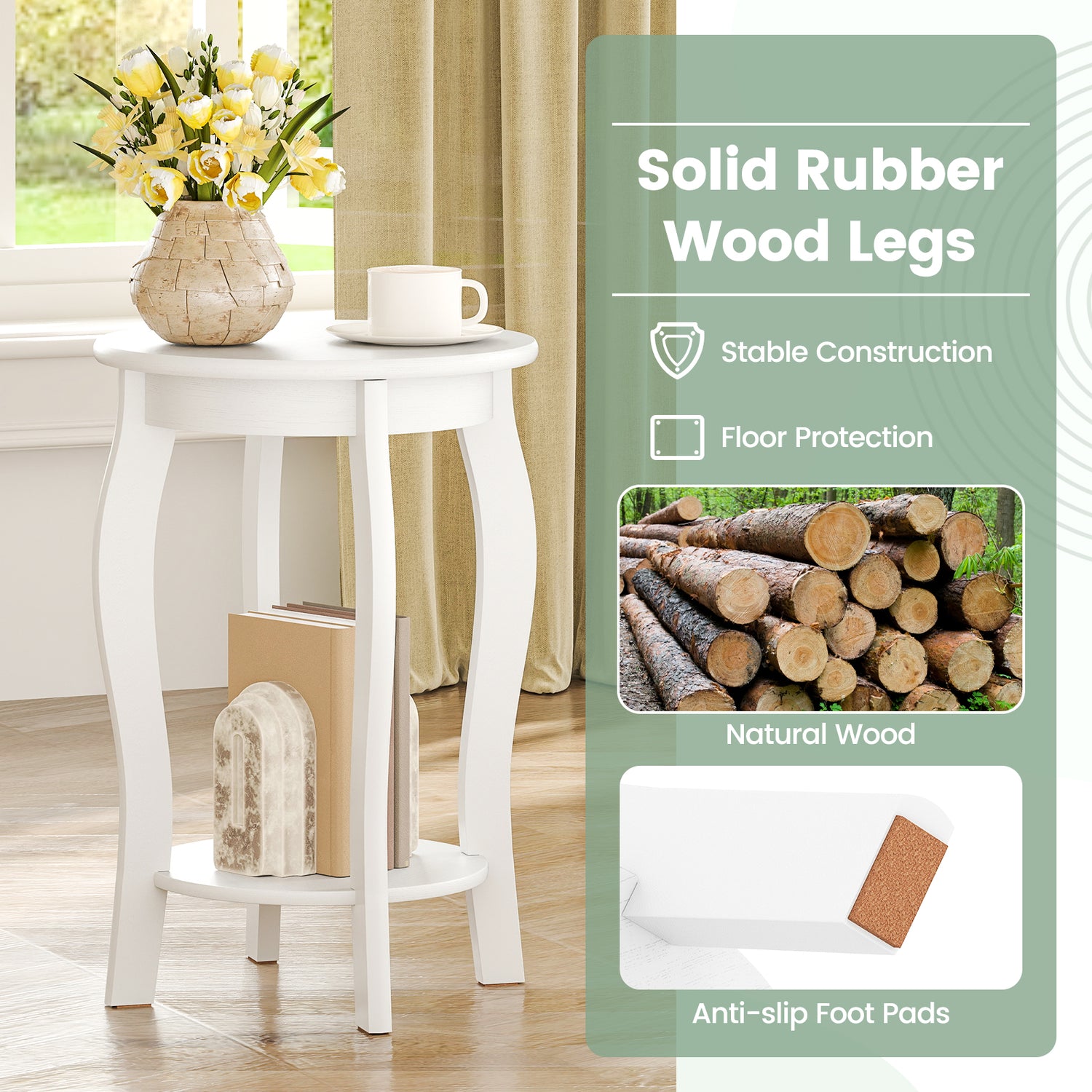 Set of 2 15 Inch 2-Tier Round End Table with Storage Shelf