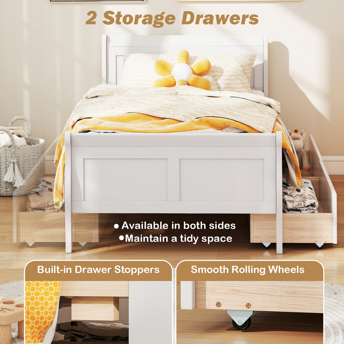 Twin Size Sleigh Bed with 2 Storage Drawers Wood Platform Bed Frame
