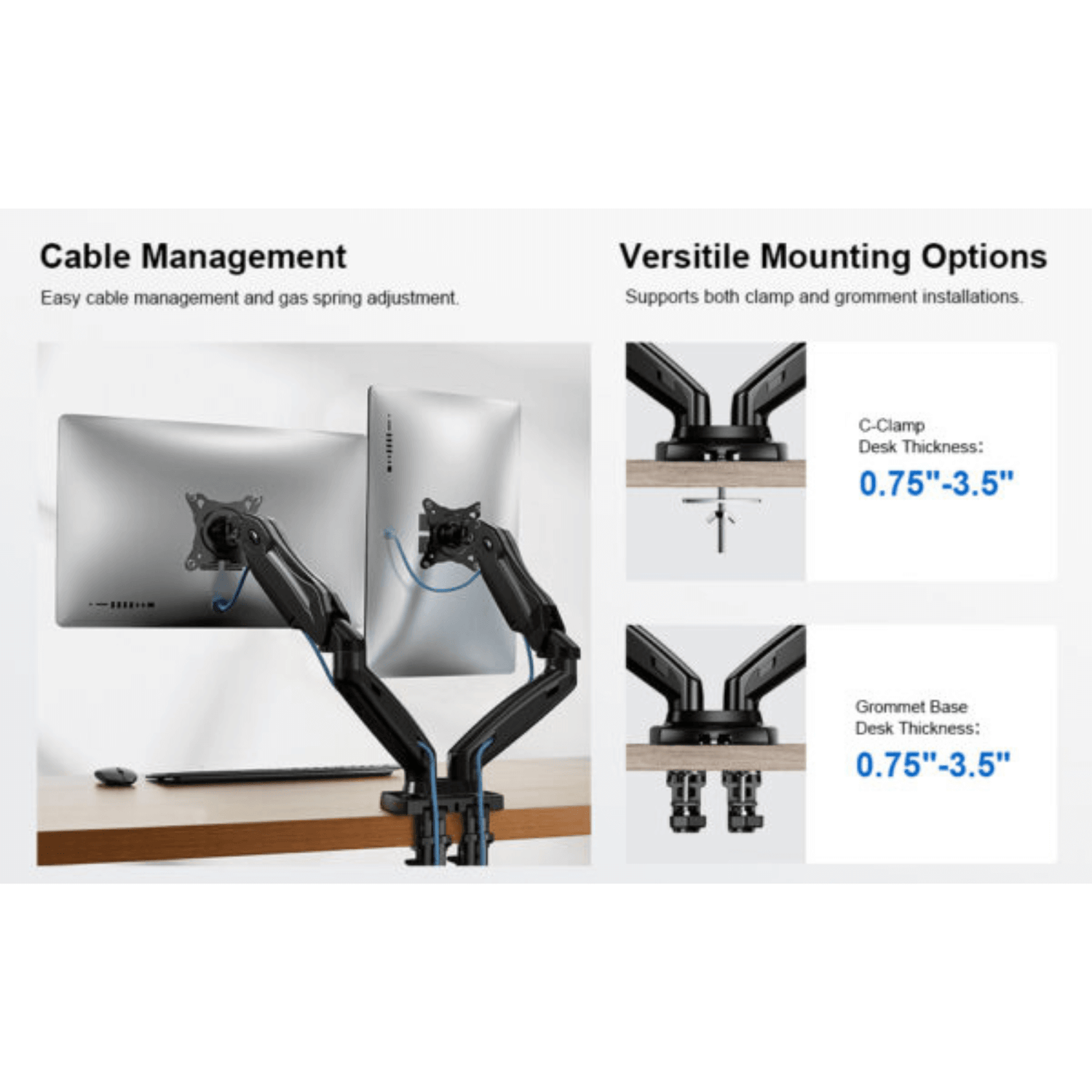 ErgoAV Gas Spring Desk Mount for Dual Monitors 13" to 27"