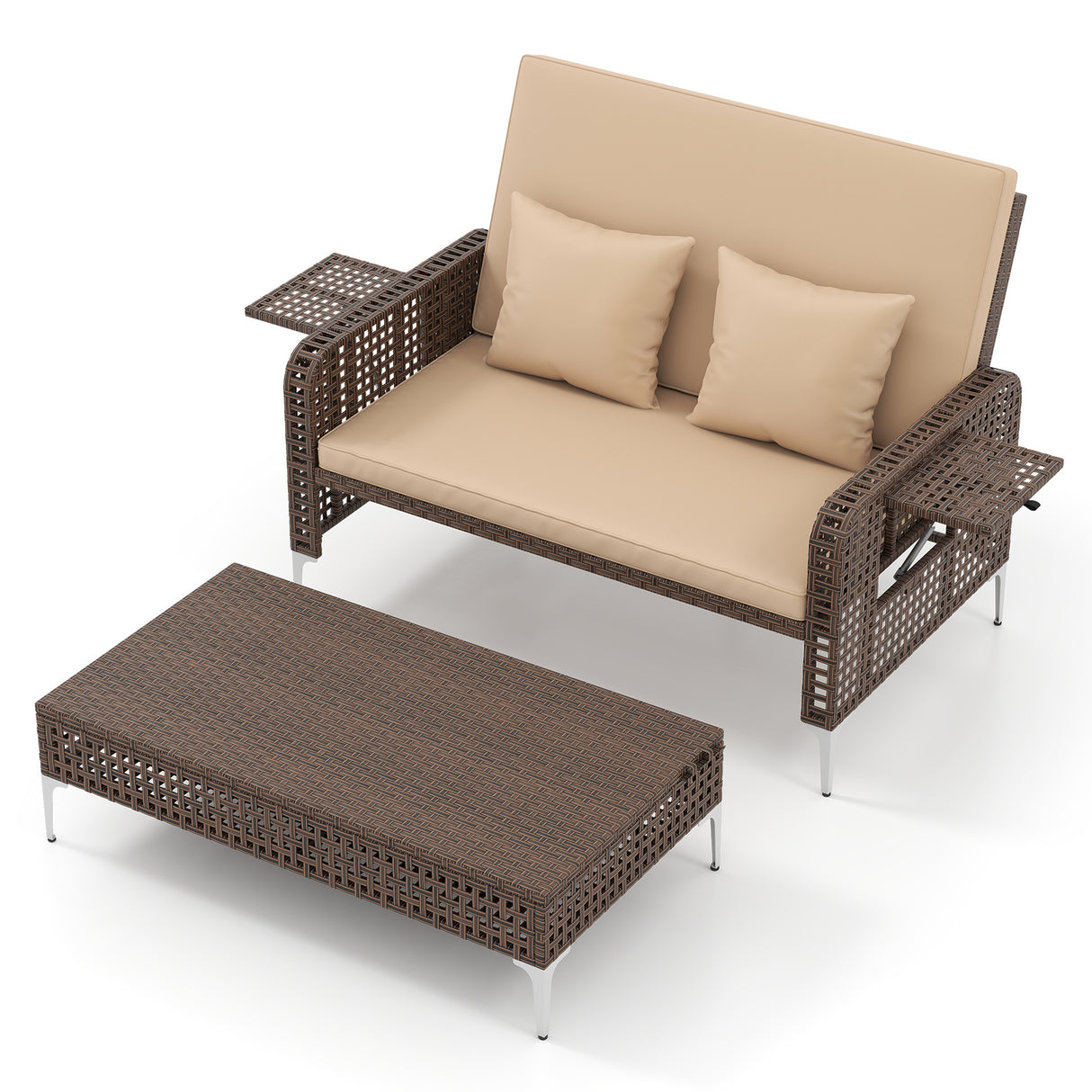 2 Piece Patio Rattan Daybed Wicker Loveseat and Ottoman with Adjustable Backrest