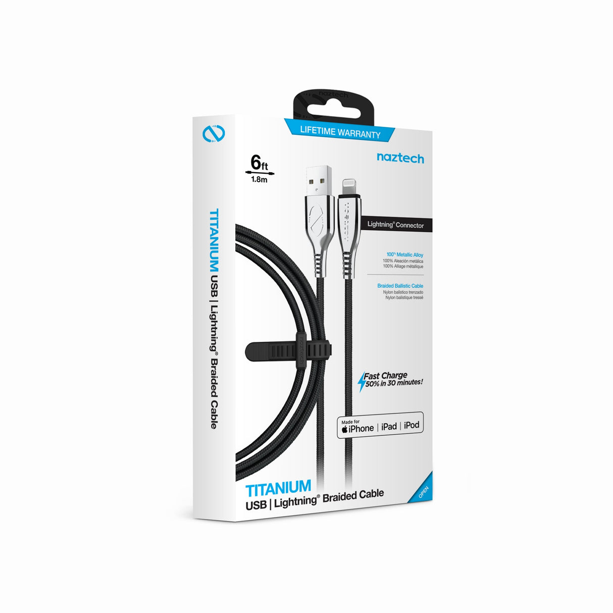 Naztech Titanium USB to MFi Lightning Braided Cable 6ft