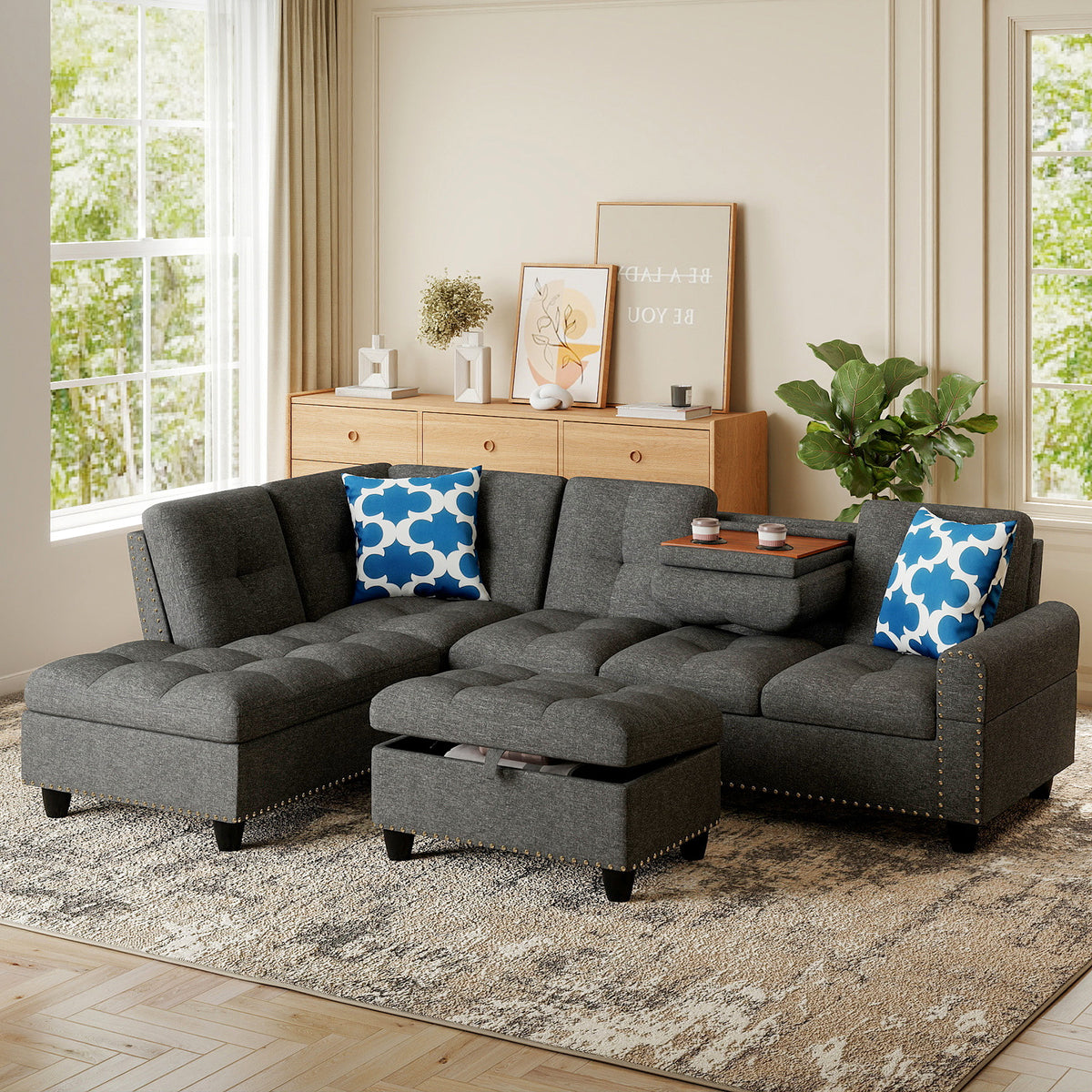 Sectional Sofa Couch with Movable Storage Ottoman and Linen Fabric Backs