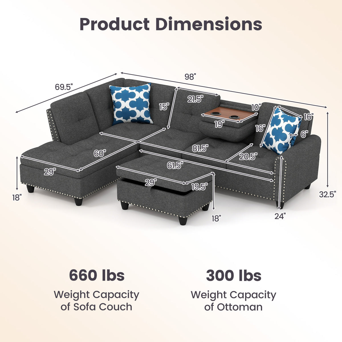 Sectional Sofa Couch with Movable Storage Ottoman and Linen Fabric Backs
