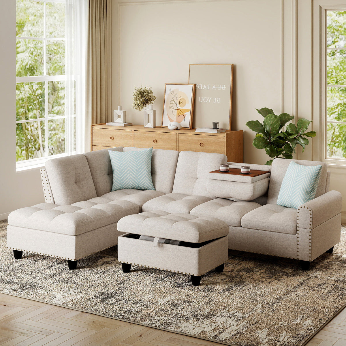 Sectional Sofa Couch with Movable Storage Ottoman and Linen Fabric Backs
