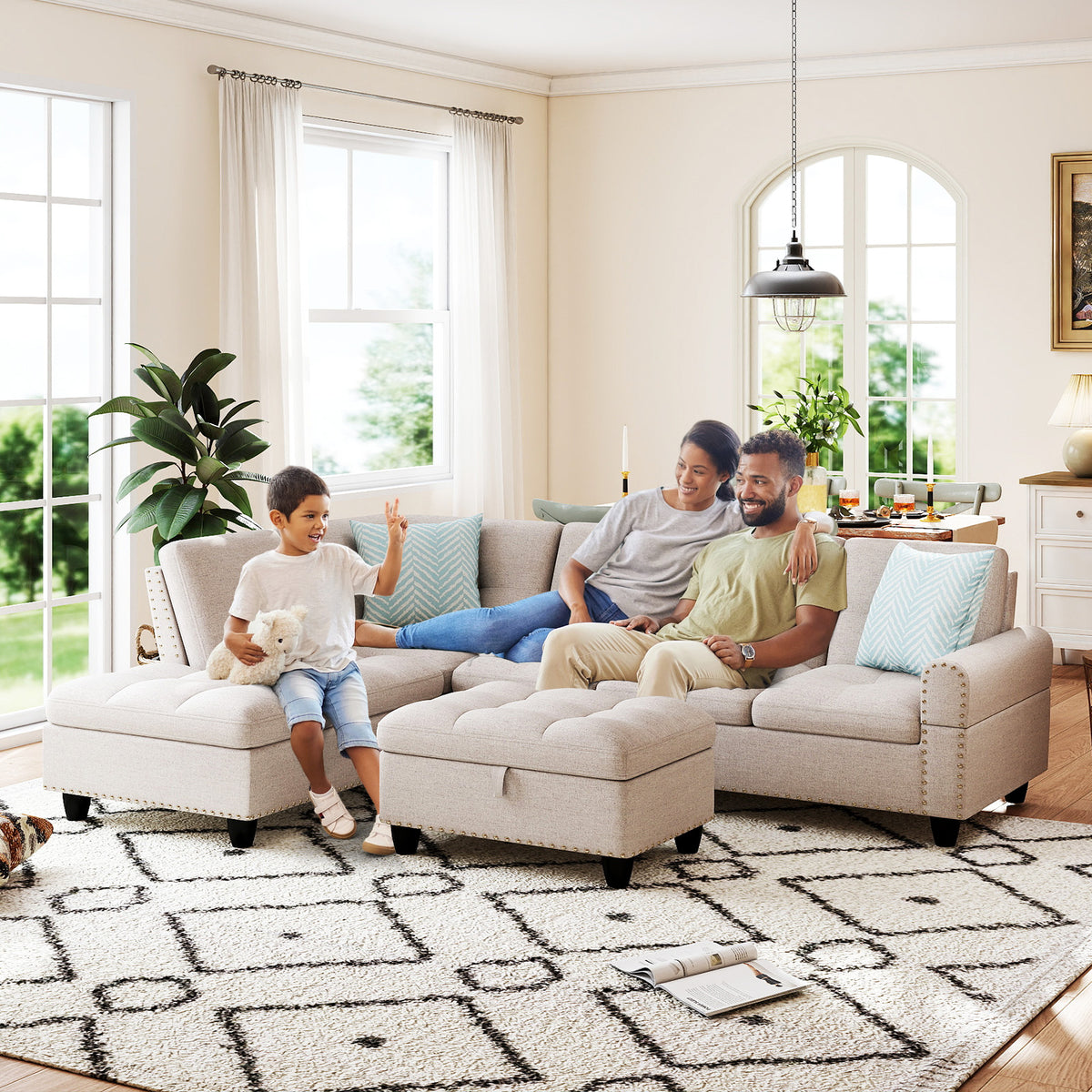 Sectional Sofa Couch with Movable Storage Ottoman and Linen Fabric Backs