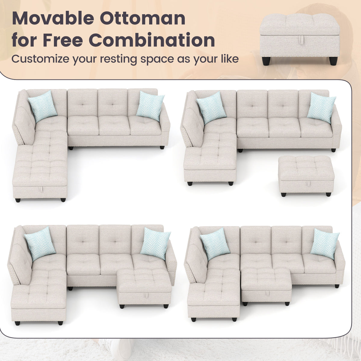 Sectional Sofa Couch with Movable Storage Ottoman and Linen Fabric Backs