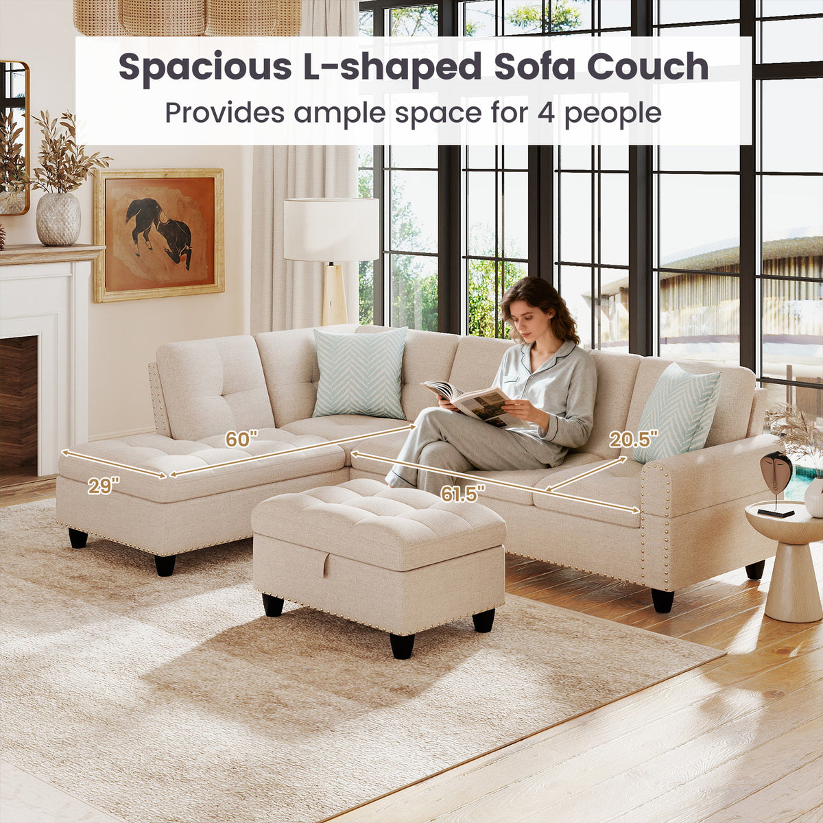 Sectional Sofa Couch with Movable Storage Ottoman and Linen Fabric Backs