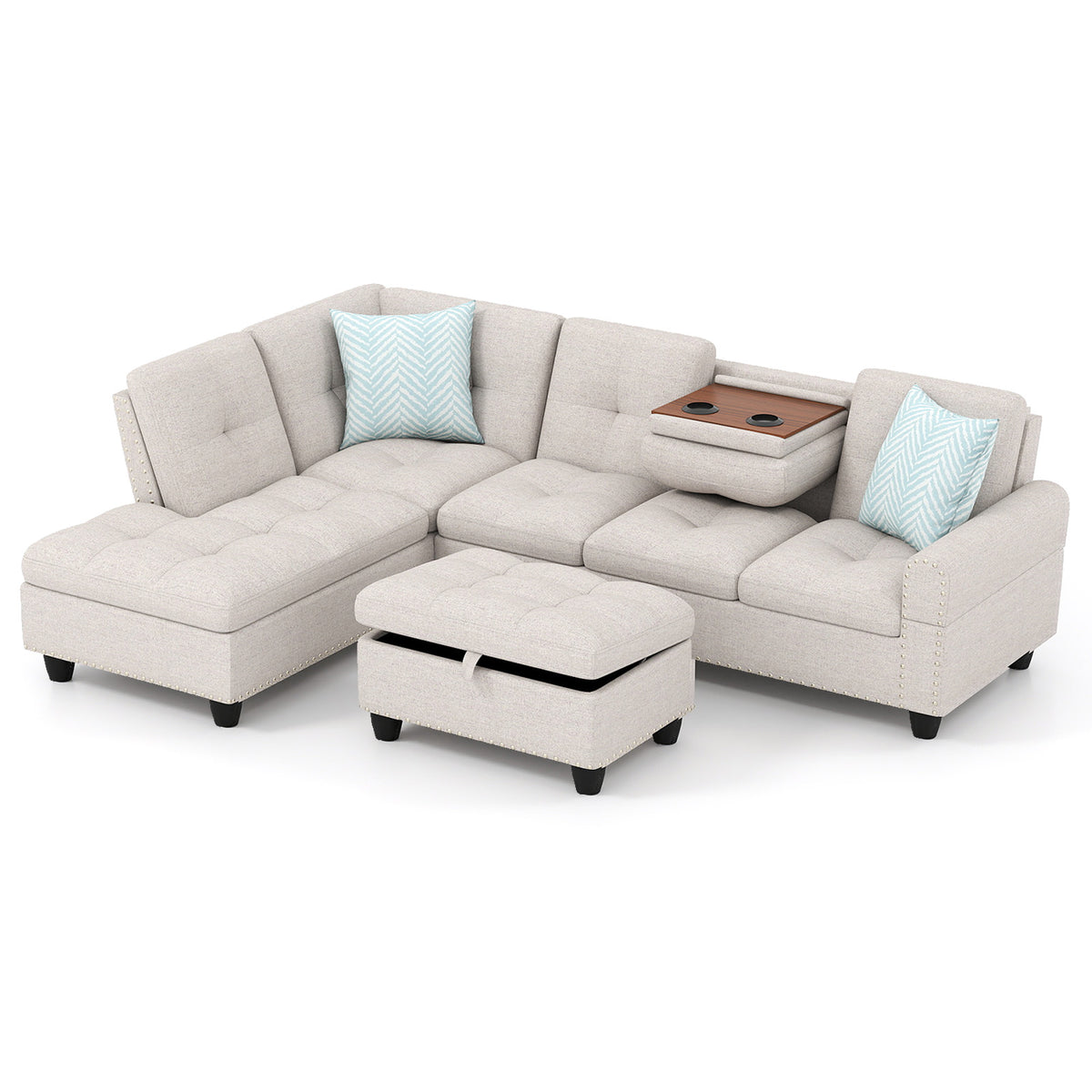 Sectional Sofa Couch with Movable Storage Ottoman and Linen Fabric Backs