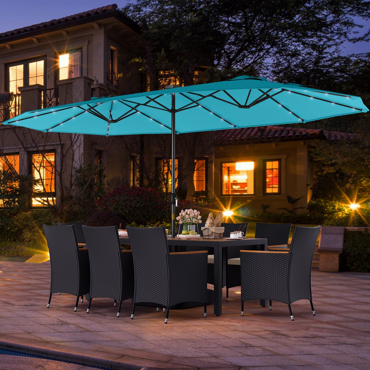 11 Pieces Patio Dining Set with LED Patio Umbrella with Base and Seat Cushions (Beige)