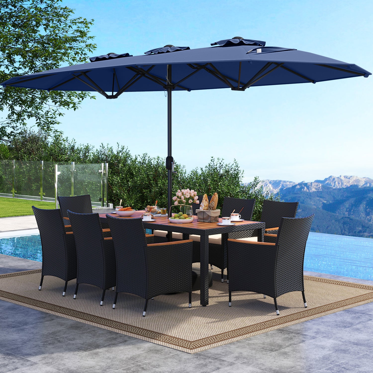 10 Piece Outdoor Dining Set with 15 Feet Double-Sided Twin Umbrella