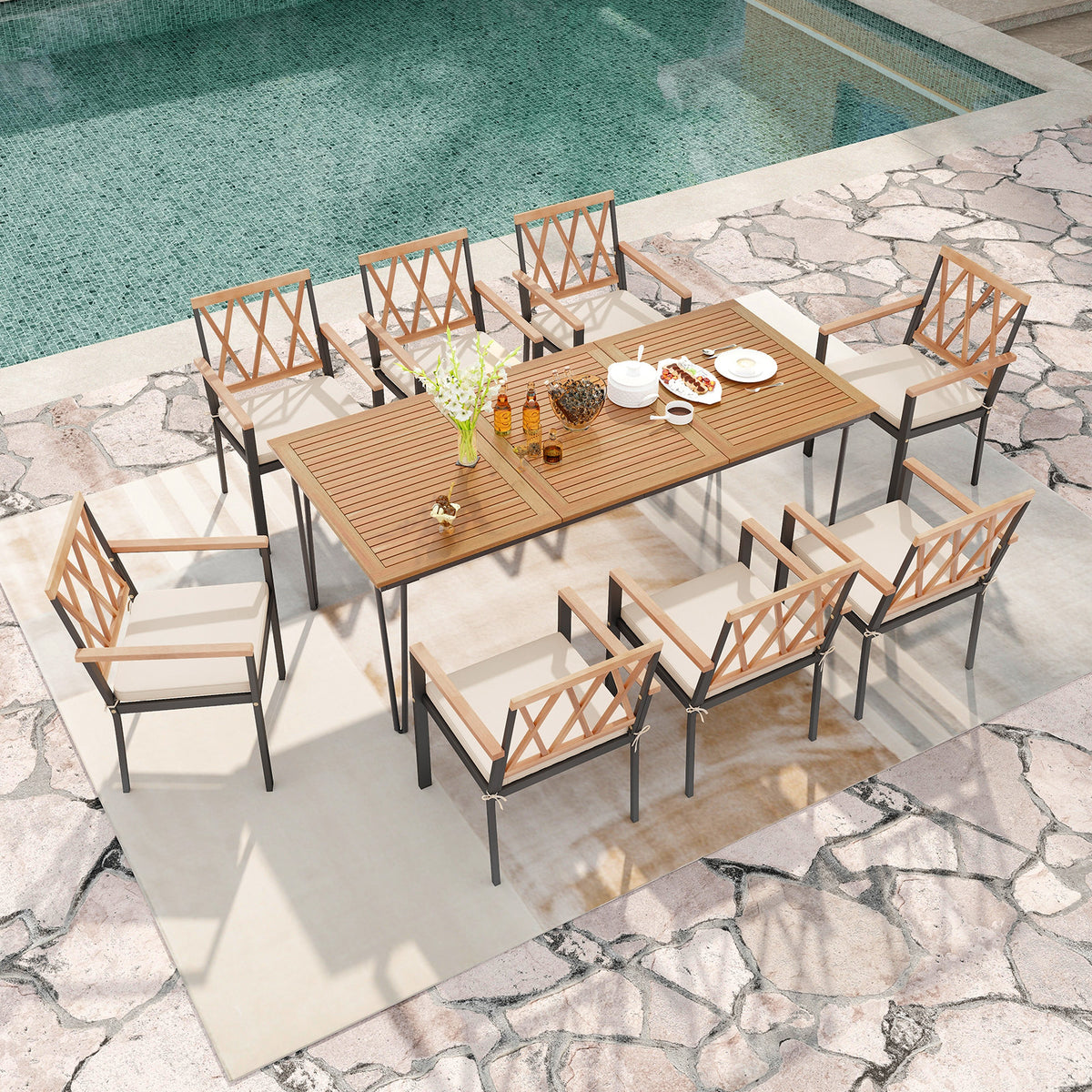 9-Piece Patio Dining Set 35.5 Inch Acacia Wood Table with Umbrella Hole and 22.5-Inch Wide Chairs