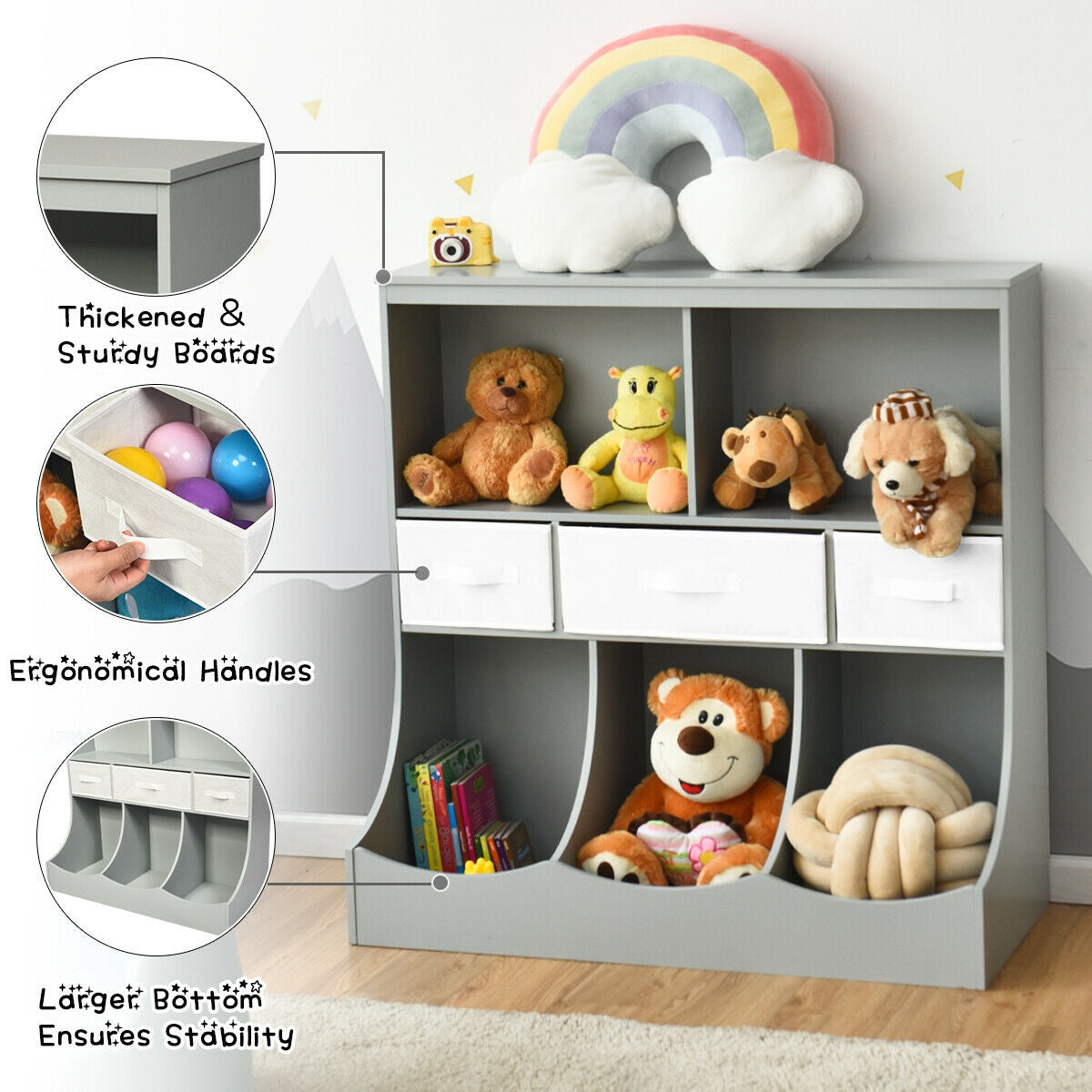 Freestanding Combo Cubby Bin Storage Organizer Unit W/3 Baskets