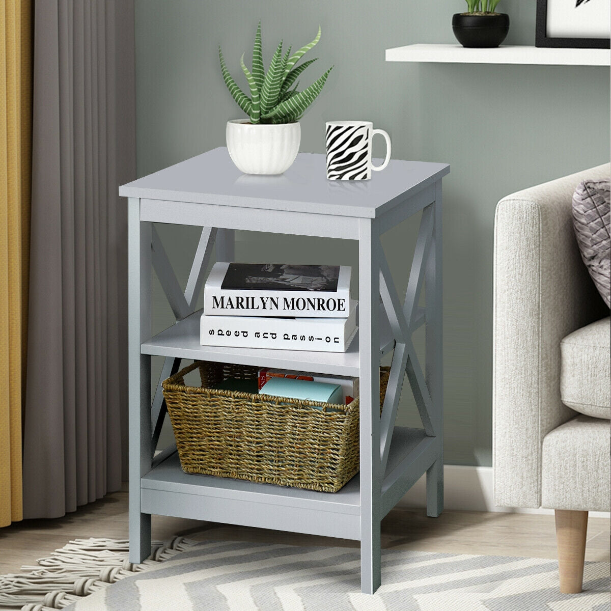 3-Tier Nightstand End Table with X Design Storage -Gray
