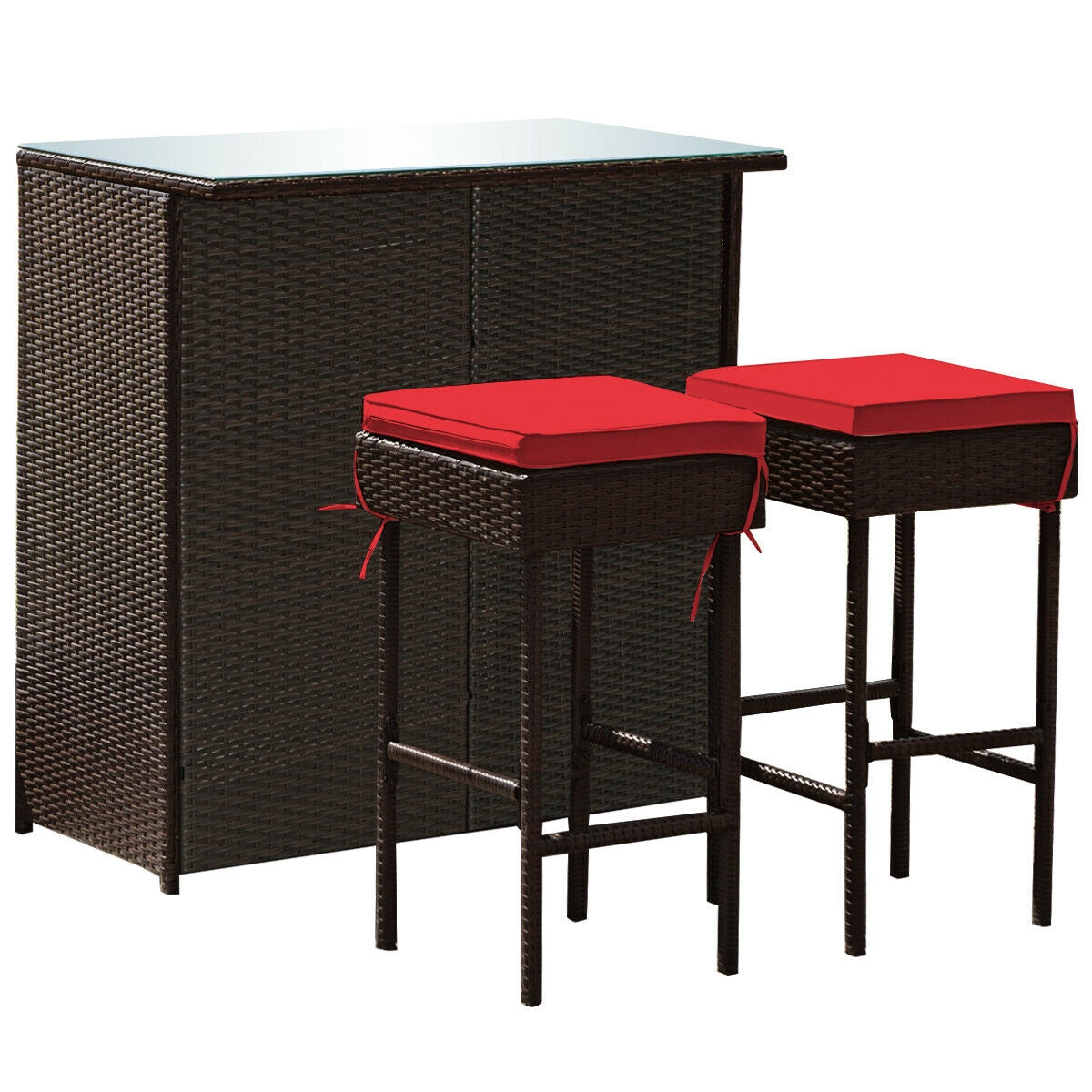 3-piece Rattan Wicker Bar Table Stools Dining Set Cushioned Chairs