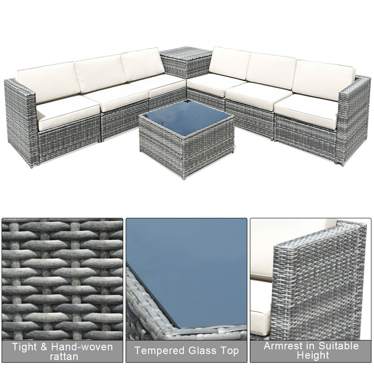 8 Piece Wicker Sofa Rattan Dinning Set Patio Furniture with Storage Table