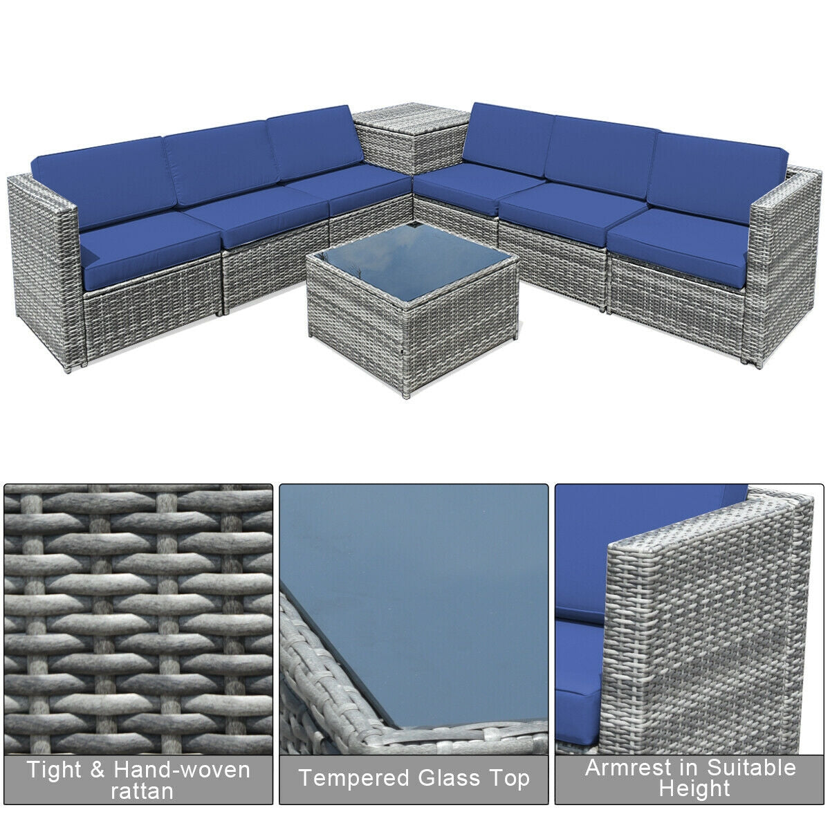 8 Piece Wicker Sofa Rattan Dinning Set Patio Furniture with Storage Table