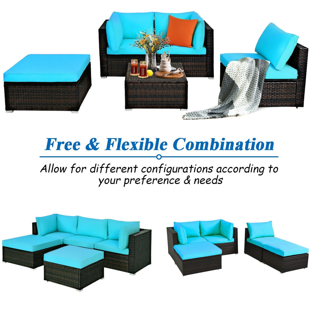 5 Pieces Patio Rattan Sectional Conversation Ottoman Furniture Set