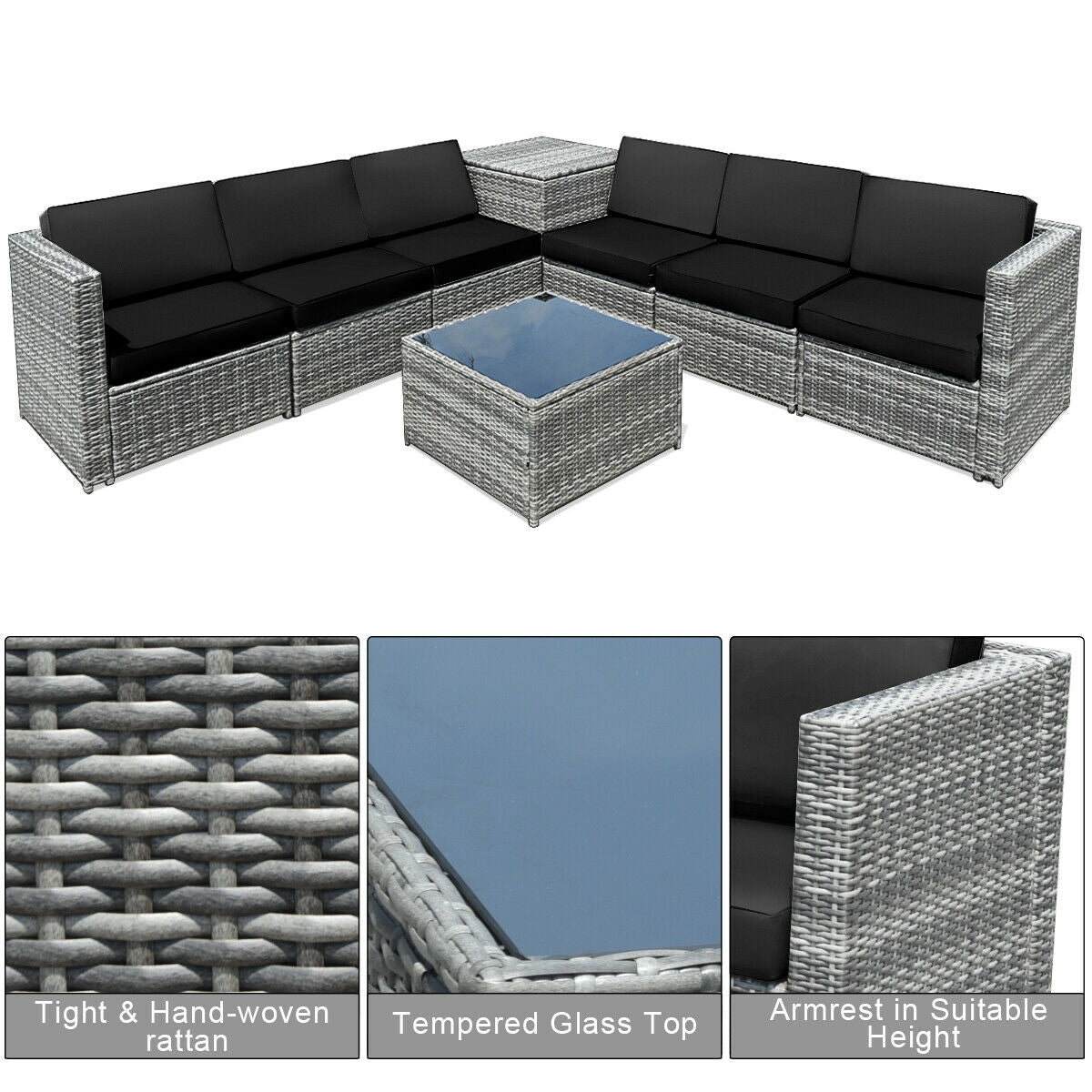 8 Piece Wicker Sofa Rattan Dinning Set Patio Furniture with Storage Table