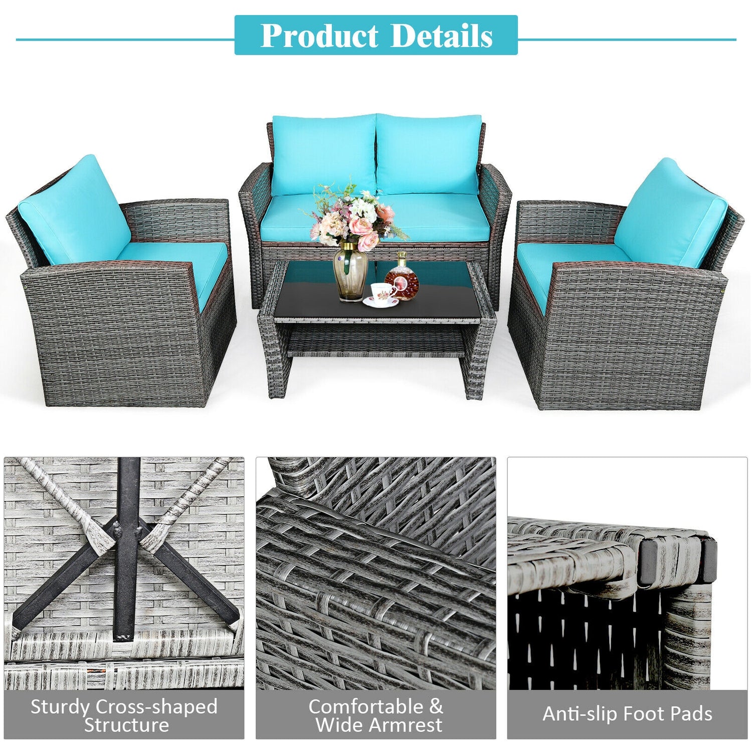 4 Pieces Patio Rattan Furniture Set Sofa Table with Storage Shelf Cushion