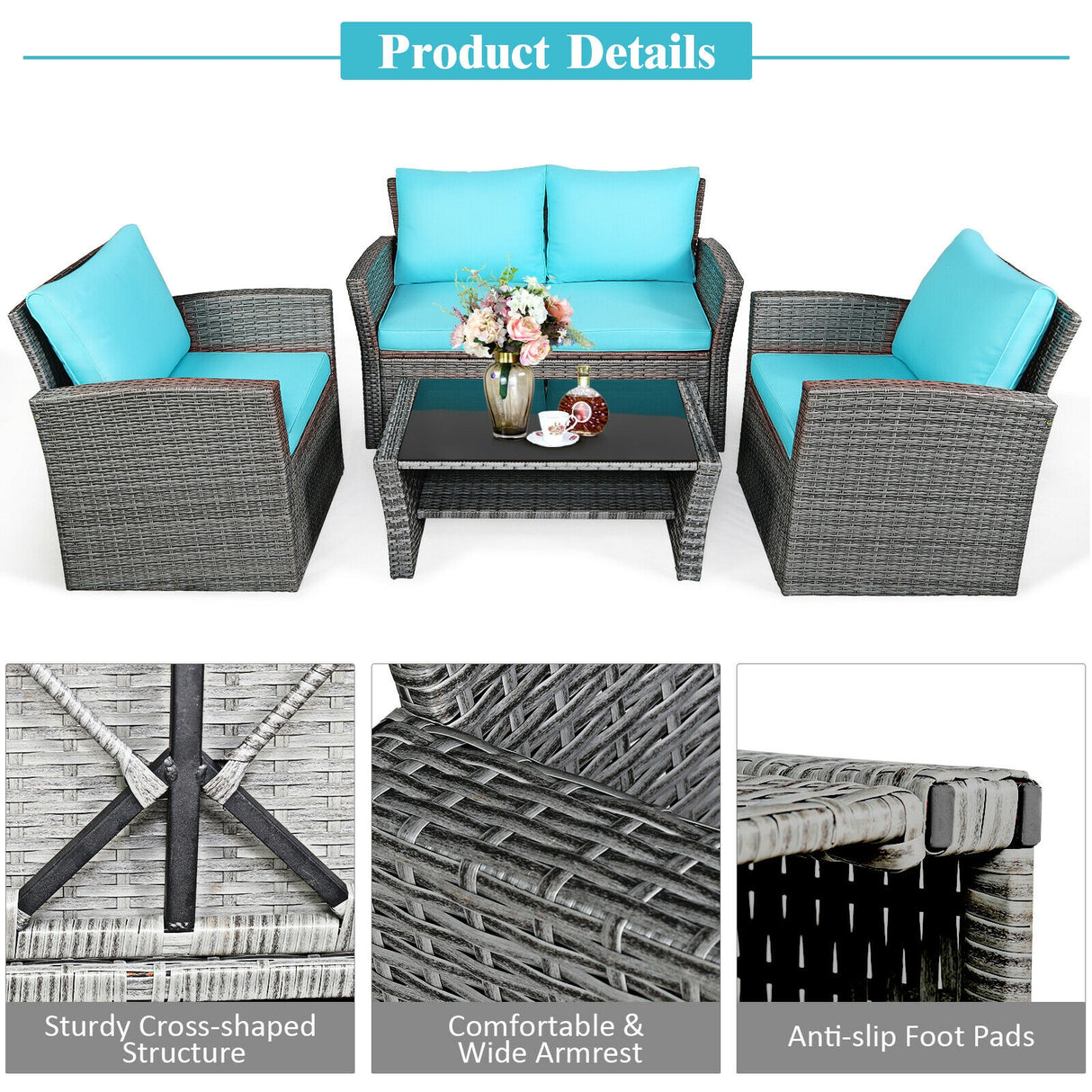 4 Pieces Patio Rattan Furniture Set Sofa Table with Storage Shelf Cushion