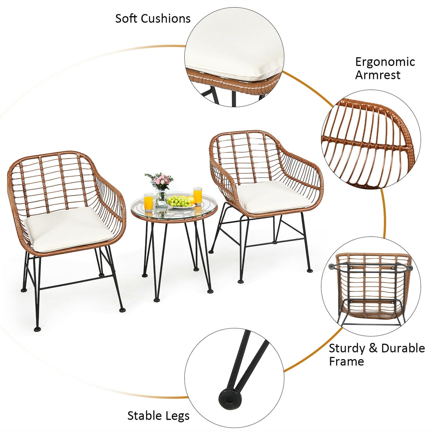 3 Pieces Patio Rattan Bistro Set with Cushion