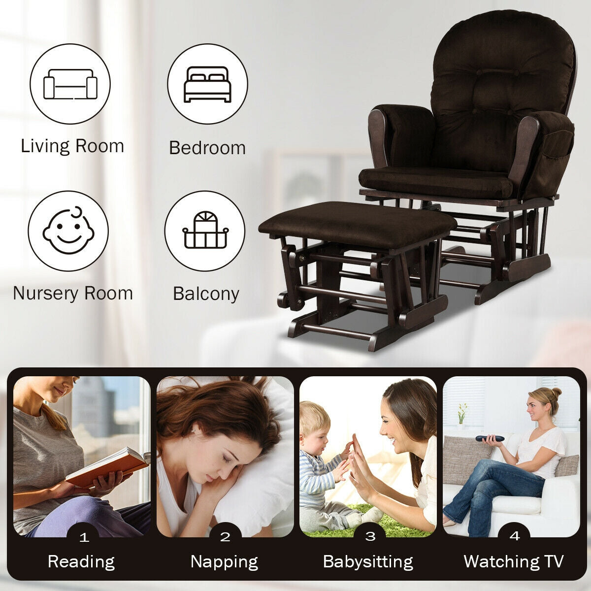 Wood Glider and Ottoman Set with Padded Armrests and Detachable Cushion