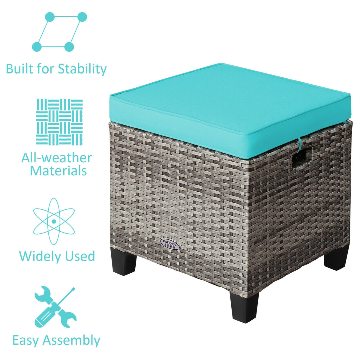 2PCS Patio Rattan Wicker Ottoman Seat with Removable Cushions