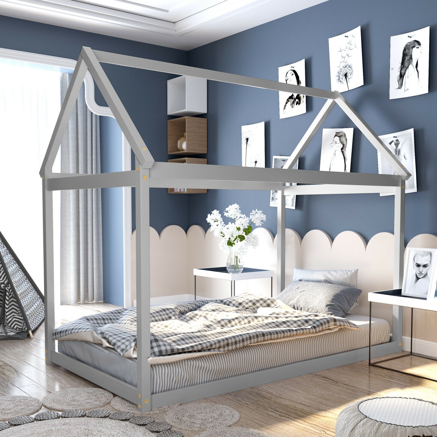 Stable Kids Platform Floor Bed with Roof ang Heavy-Duty Slats