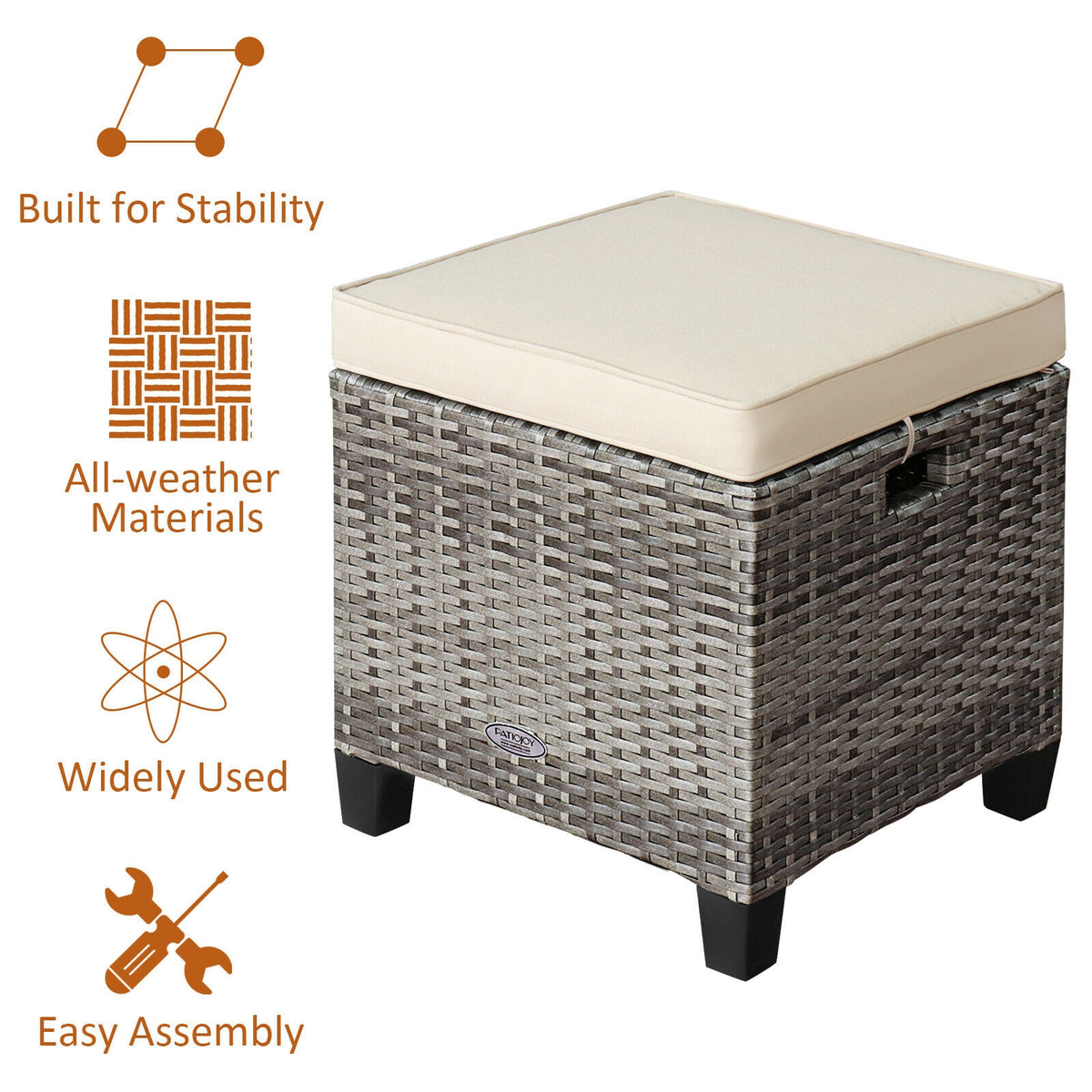 2PCS Patio Rattan Wicker Ottoman Seat with Removable Cushions