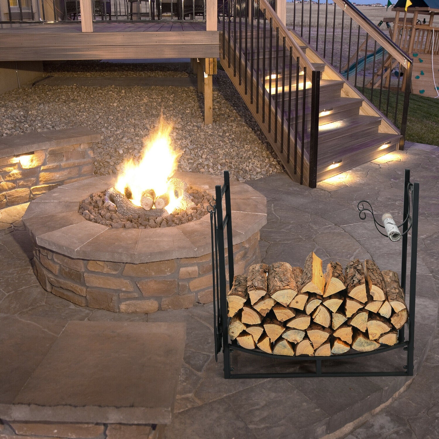 36 Inch Fireplace Log Holder with Kindling Holders and Shovel