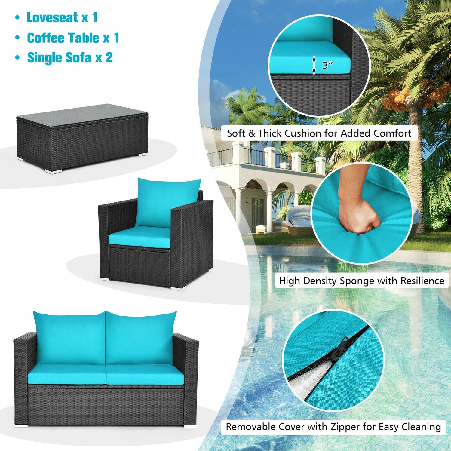 4 Pieces Patio Rattan Conversation Set with Cushions and Coffee Table