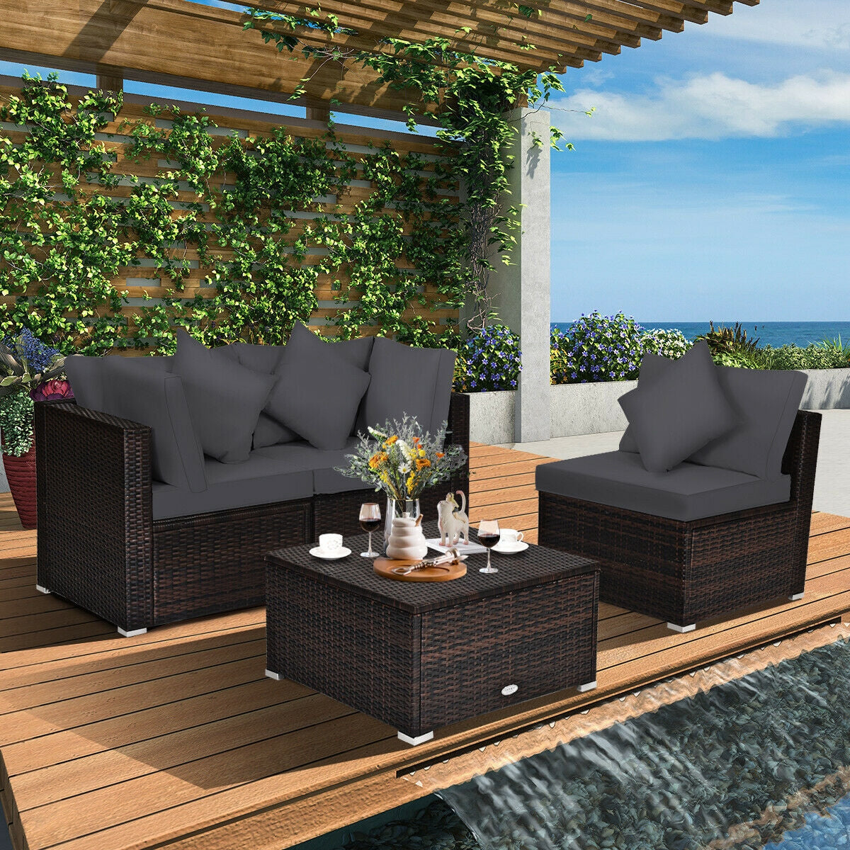 4 Pcs Ottoman Garden Deck Patio Rattan Wicker Furniture Set Cushioned Sofa