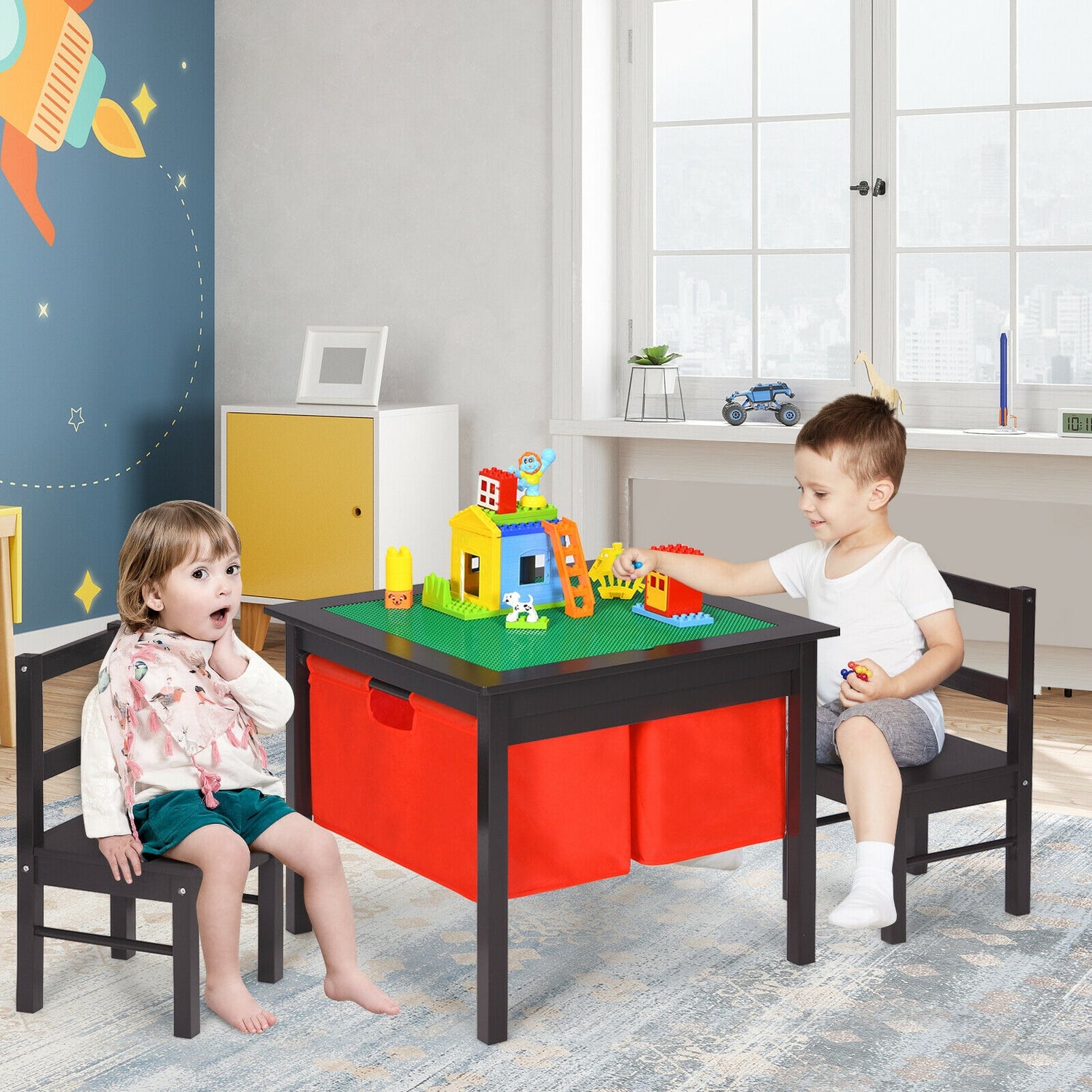 2-in-1 Kids Activity Table and 2 Chairs Set with Storage Building Block Table
