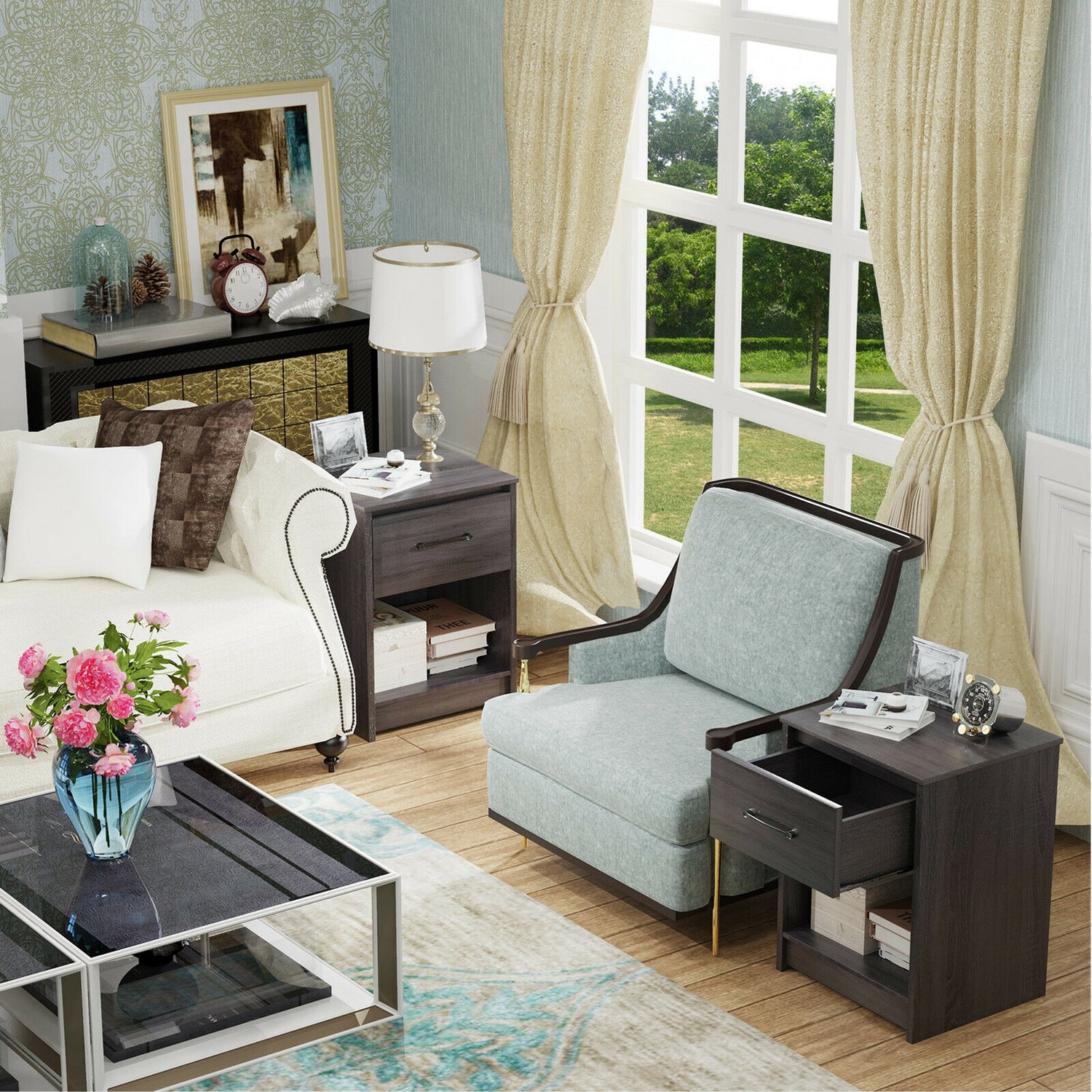 Wooden Nightstand with Drawer and Open Storage Compartment-Black