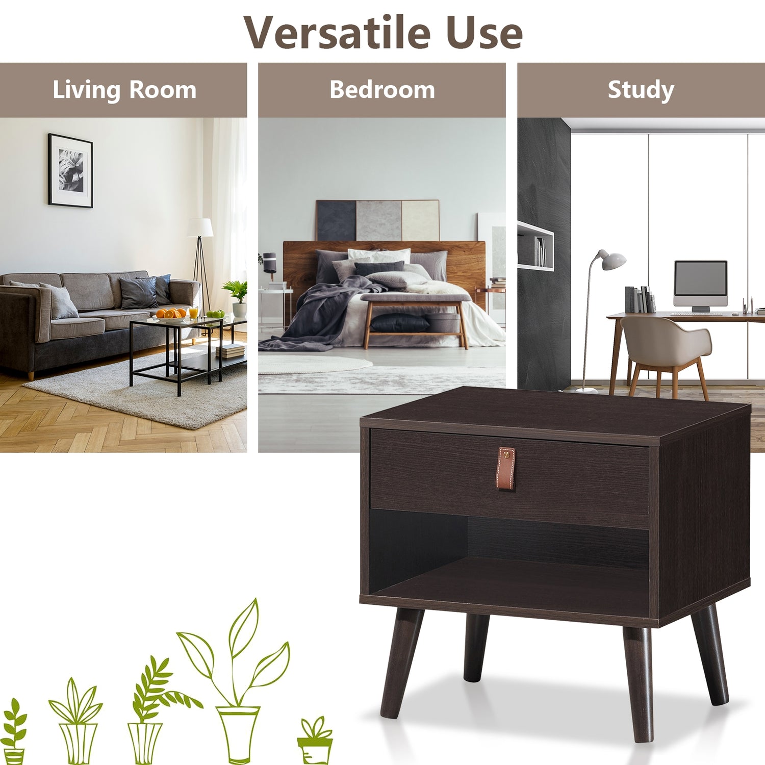 Nightstand Bedroom Table with Drawer Storage Shelf-Brown