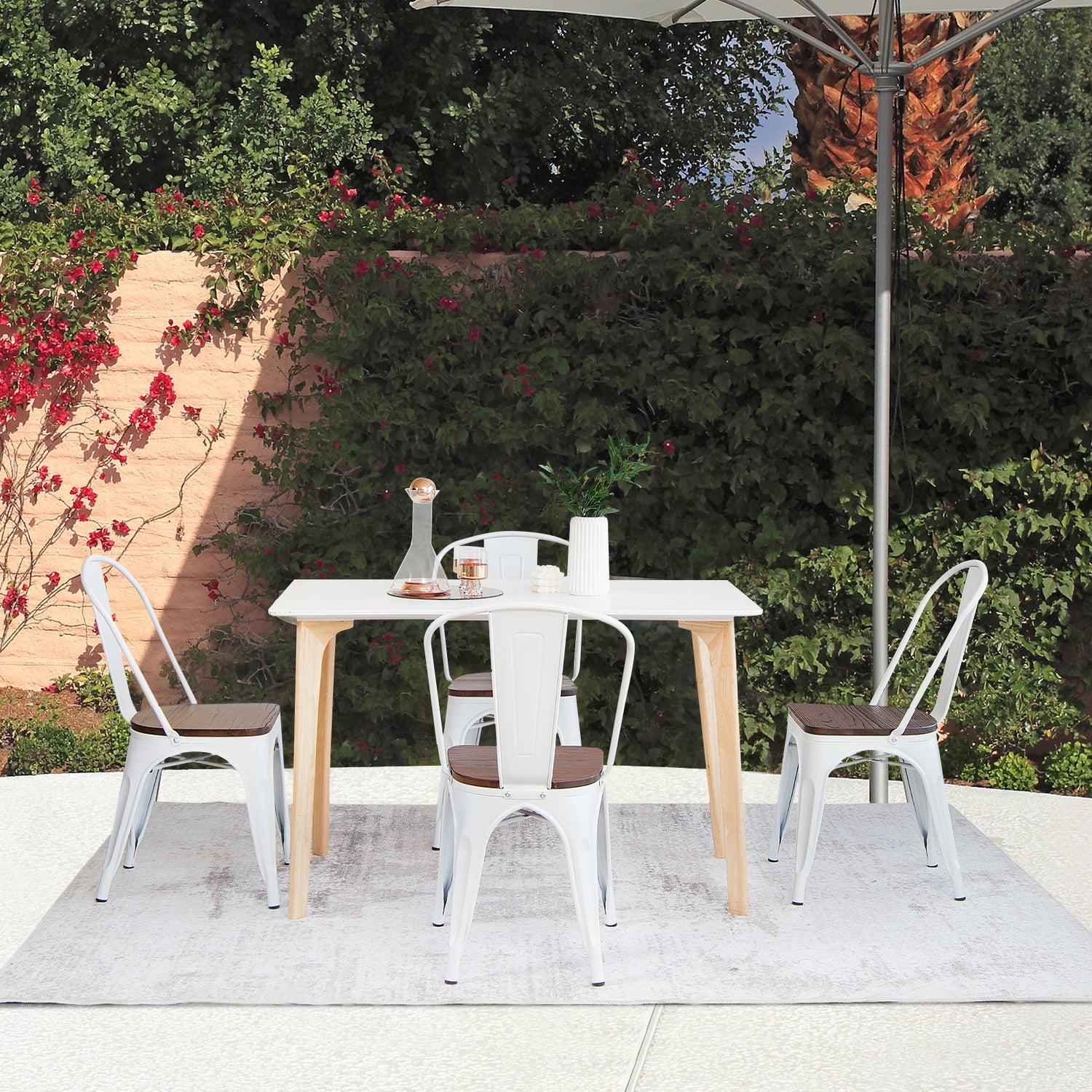 Set of 4 Tolix Style Metal Dining Wood Seat-White