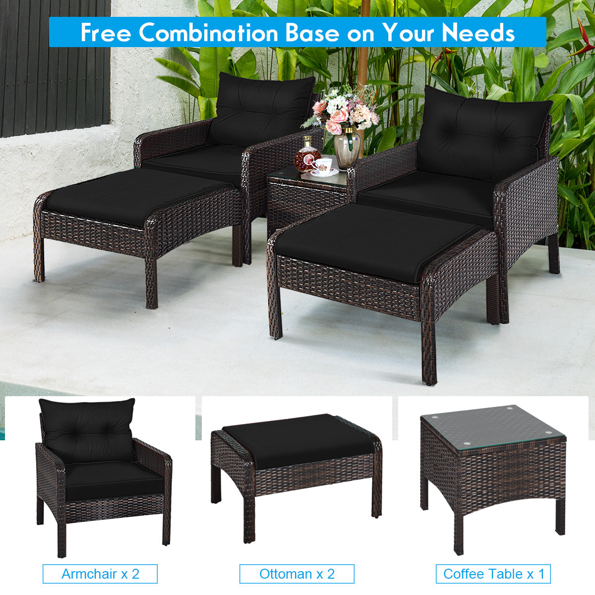 5 Pieces Patio Rattan Sofa Ottoman Furniture Set with Cushions