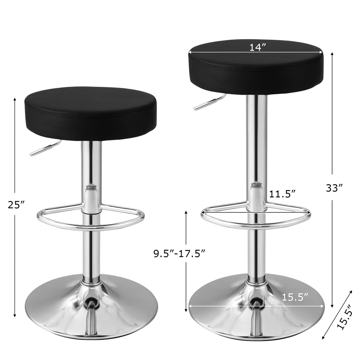 Set of 2 Adjustable Round PU Leather Swivel Barstool with Chrome Footrest
