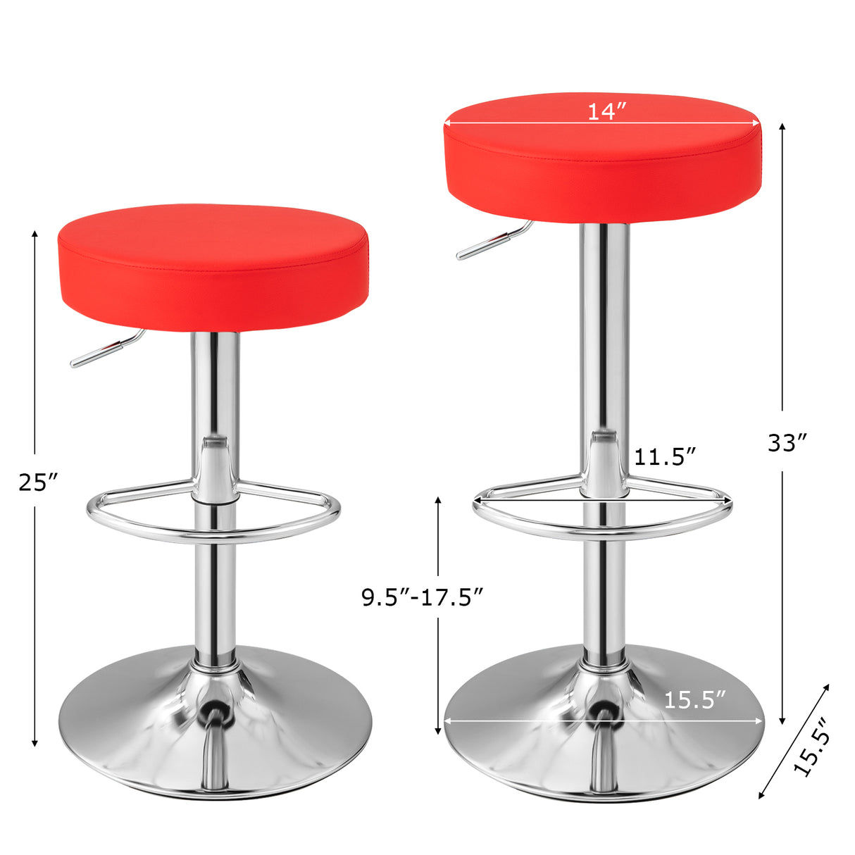 Set of 2 Adjustable Round PU Leather Swivel Barstool with Chrome Footrest