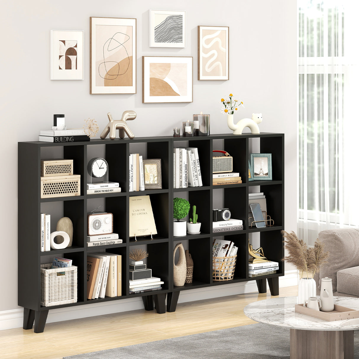 9-Cube Bookcase with 6 Removable Shelves and Raised Support Feet